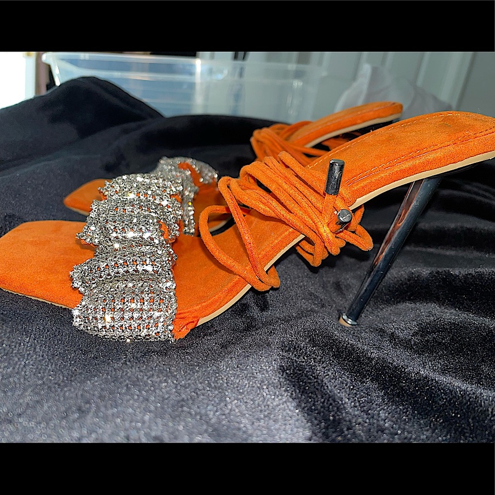 Orange & Crystal Stone Tie up Heels